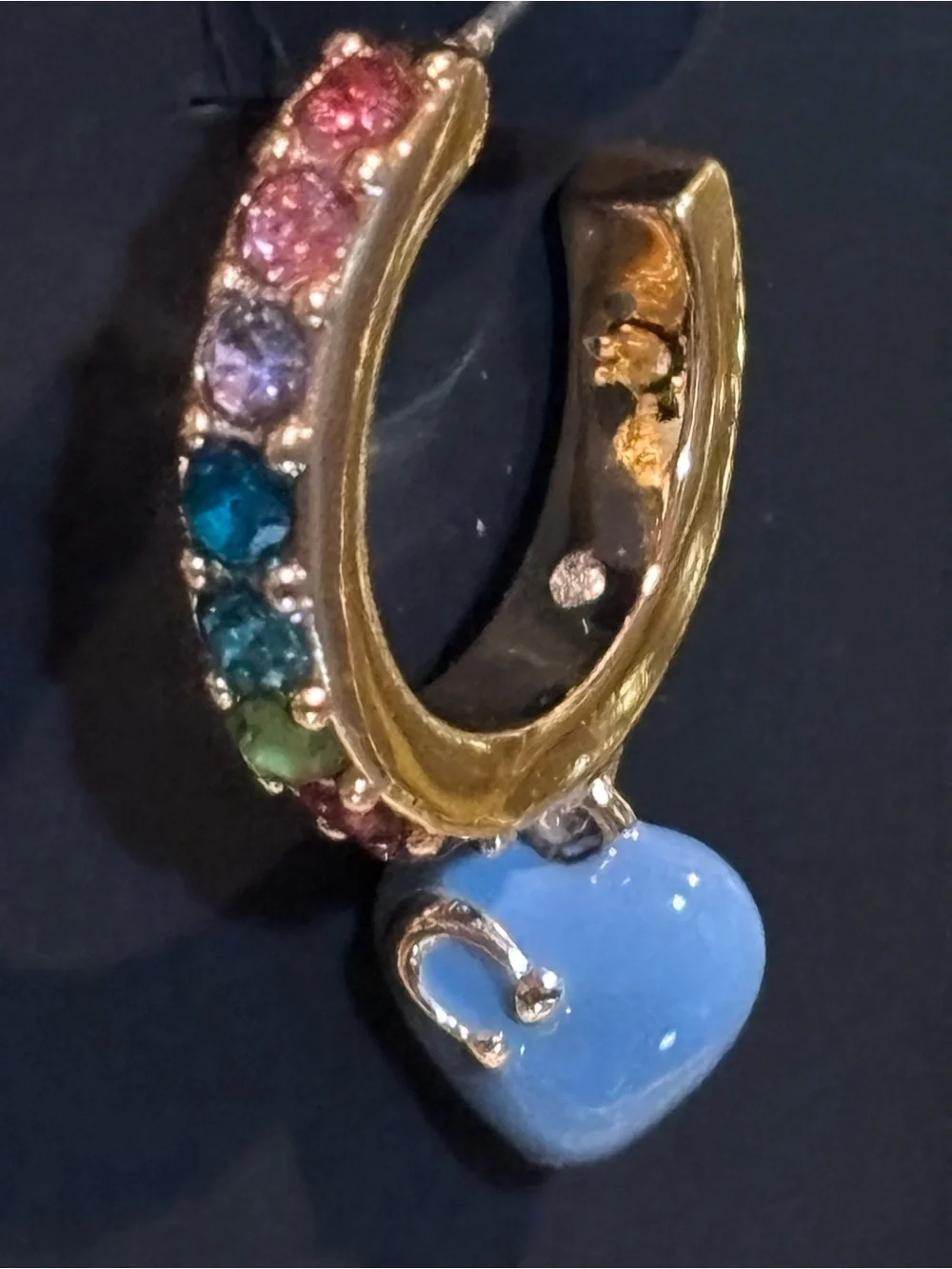 NWT Coach Rainbow Pavé Heart Charm Huggie Hoop Earrings Blue Gold